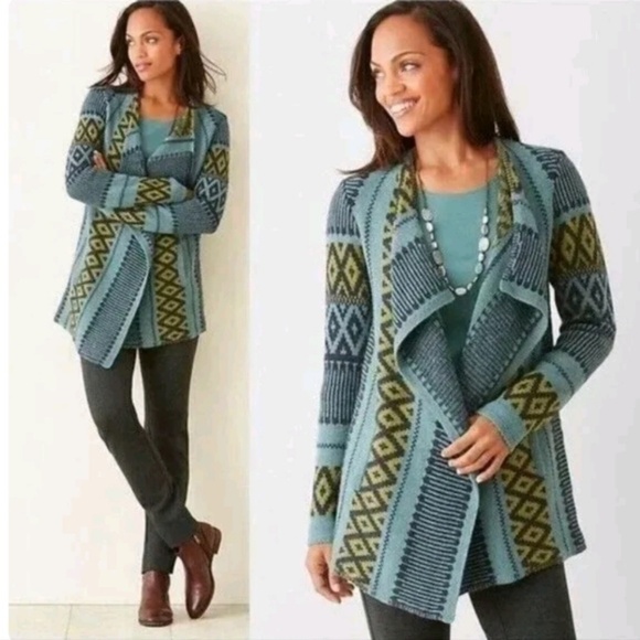 J Jill Cardigan XLP Wool Alpaca Boho Aztec Southwestern Teal Pockets Lagenlook - Picture 1 of 11